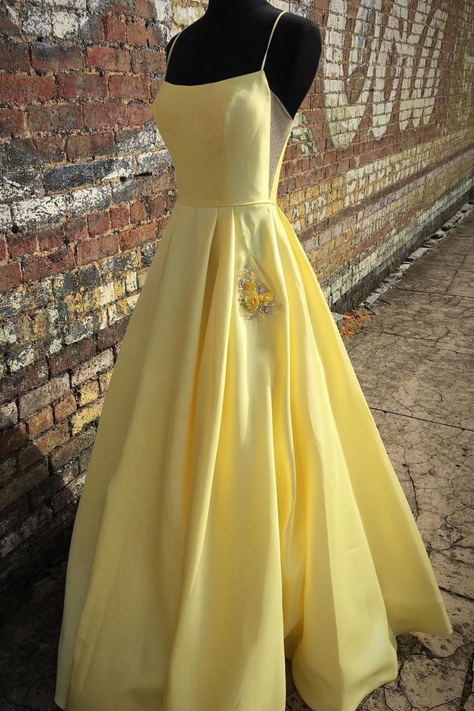 Yellow Satin Spaghetti Straps Long Prom Dress Party Dress With Pocket KS7187