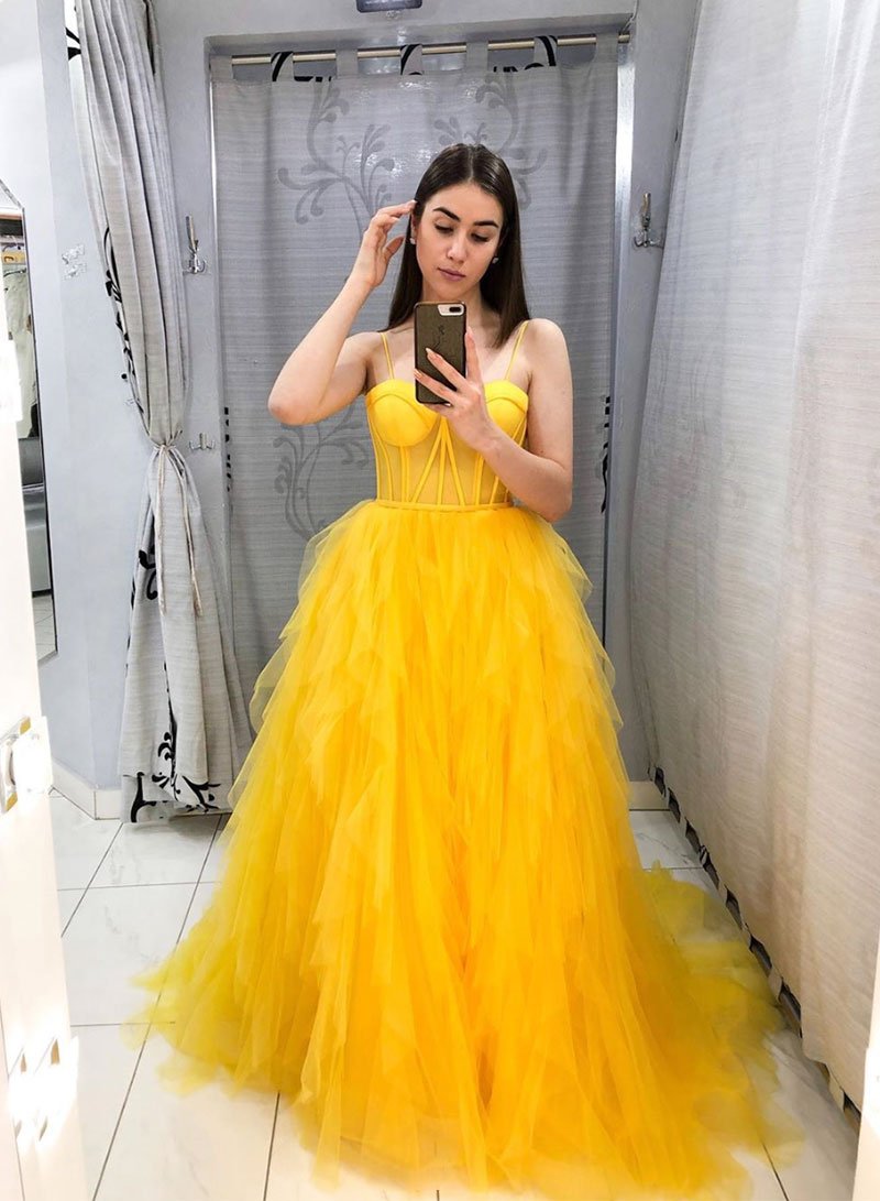 Yellow tulle long prom dress evening dress A20