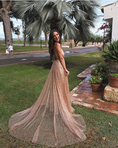 GORGEOUS SEQUINS A-LINE LONG PROM GOWNS NEW ARRIVAL SPAGHETTI STRAPS V-NECK EVENING DRESS SA100