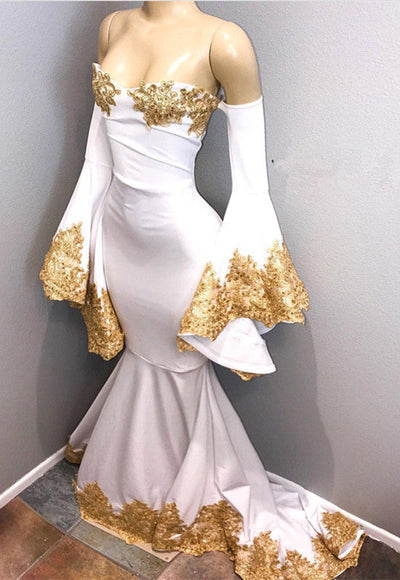 LONG SLEEVES PARTY GOWNS WITH GOLD APPLIQUES PROM DRESS SA82