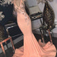 PINK FLORAL APPLIQUES V-NECK HALTER FLOOR LENGTH MERMAID PROM DRESS SA86