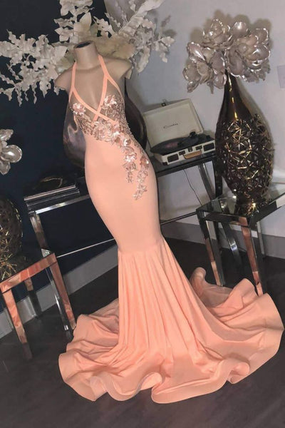 PINK FLORAL APPLIQUES V-NECK HALTER FLOOR LENGTH MERMAID PROM DRESS SA86