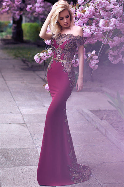 OFF-THE-SHOULDER FORMAL EVENING DRESS BEADS APPLIQUES MERMAID PROM DRESS SA70