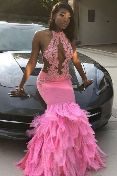 PINK HALTER MERMAID FEATHER PARTY GOWNS PROM DRESS SA73