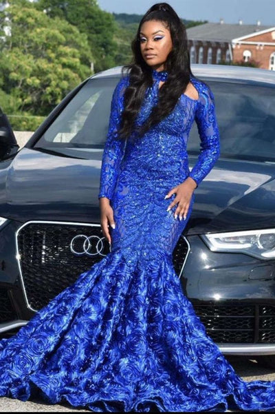 LONG SLEEVES PROM PARTY GOWNS 3D FLORAL PRINT MERMAID EVENING DRESS PROM DRESS SA93