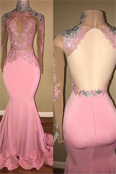 GORGEOUS HIGH-NECK BACKLESS PINK PROM PARTY GOWNS PROM DRESS SA125