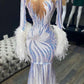 ILLUSION NECK LONG SLEEVES LUXURIOUS FUR SEQUIN MERMAID PROM DRESS SA105