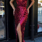 HIGH ROUND NECK CHARMING SEQUINED HIGH SLIT BURGUNDY PROM DRESS SA128