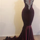 MERMAID OPEN BACK CHIC HIGH NECK SILVER BEADS APPLIQUES PROM DRESS SA83
