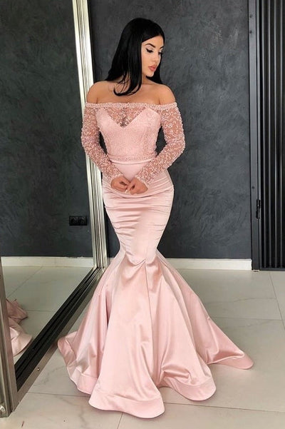 GORGEOUS MERMAID OFF-THE-SHOULDER PROM GOWNS LONG SLEEVES LACE EVENING DRESSES SA111