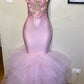 PINK HALTER SLEEVELESS FLOWER APPLIQUES TULLE MERMAID PROM DRESS SA75