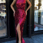 HIGH ROUND NECK CHARMING SEQUINED HIGH SLIT BURGUNDY PROM DRESS SA128