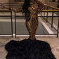 GOLDEN METALLIC SEQUINED BLACK HIGH NECK MERMAID PROM DRESS SA123