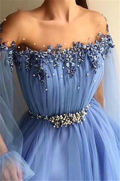 GORGEOUS OFF-THE-SHOULDER APPLIQUES TULLE A-LINE PROM DRESS SA108