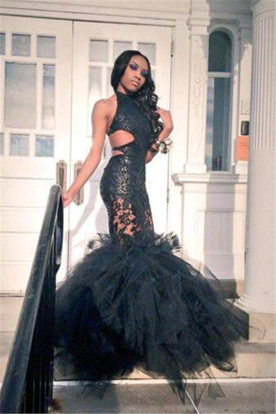 HOT BLACK TRUMPET LACE TULLE BACKLESS RUFFLES PROM PARTY GOWNS SA113