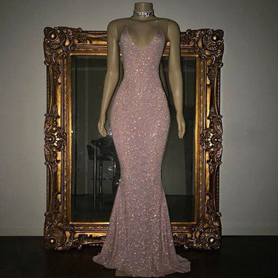 GORGEOUS SEQUINED MERMAID SPAGHETTI-STRAP LONG SLEEVESLESS PROM GOWNS SA97