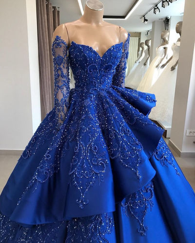 GORGEOUS ROYAL BLUE LACE RUFFLED PROM DRESS SWEET 16 DRESSES SA135 – shinydress