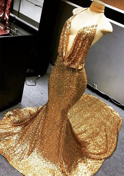 GOLD HALTER V-NECK MERMAID CHARMING SEQUINED DEEP FLOW NECK PROM DRESS SA109