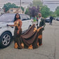 GOLDEN APPLIQUES HALTER V-NECK LONG TRAIN MERMAID PROM GOWNS SA106