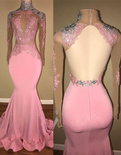 GORGEOUS HIGH-NECK BACKLESS PINK PROM PARTY GOWNS PROM DRESS SA125