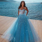 OCEAN BLUE STRAPLESS SPARKLE BEADS TULLE PRINCESS PROM DRESS SA85