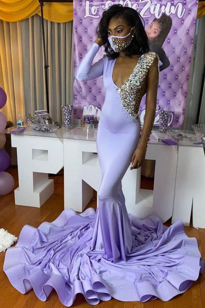 ONE SHOULDER SLIM MERMAID PROM PARTY GOWNSDEEP V-NECK APPLIQUES EVENING DRESS SA94