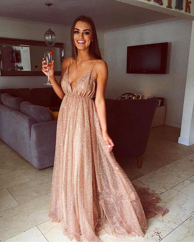 GORGEOUS SEQUINS A-LINE LONG PROM GOWNS NEW ARRIVAL SPAGHETTI STRAPS V-NECK EVENING DRESS SA100