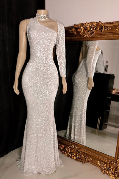 ONE-SHOULDER LONG SLEEVES SILVER SEQUINS MERMAID PROM GOWNS SA77