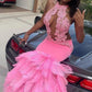 PINK HALTER MERMAID FEATHER PARTY GOWNS PROM DRESS SA73