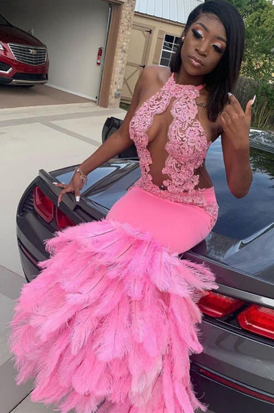 PINK HALTER MERMAID FEATHER PARTY GOWNS PROM DRESS SA73