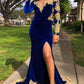 VELVET LONG SLEEVES MERMAID FRONT SPLIT GOLD APLIQUES PROM PARTY GOWNS ROYAL BLUE AS04