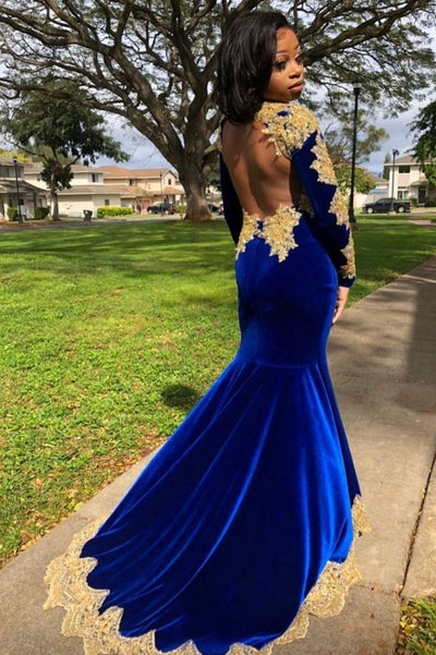 VELVET LONG SLEEVES MERMAID FRONT SPLIT GOLD APLIQUES PROM PARTY GOWNS ROYAL BLUE AS04