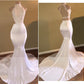 TRENDY WHITE MERMAID HIGH-NECK SLEEVELESS PROM PARTY GOWNS AS05