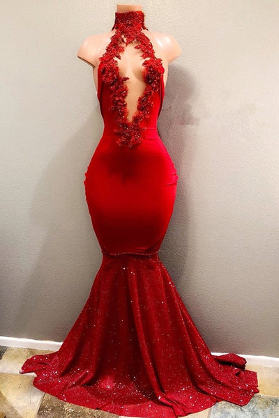 TRENDY MERMAID RED LACE HIGH NECK PROM PARTY GOWNS| RED PROM PARTY GOWNS AS06