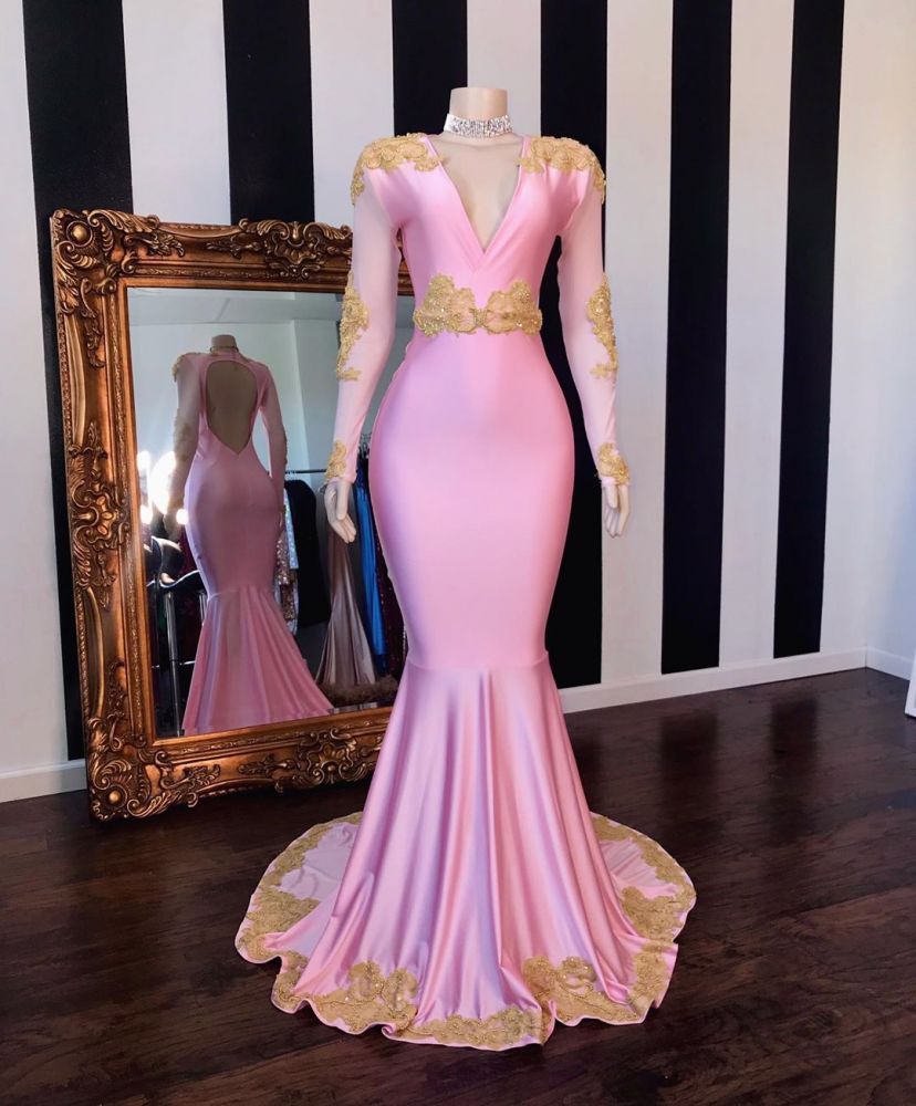 V-NECK LONG SLEEVESS OPEN BACK PINK MERMAID APPLIQUES PROM GOWNS AS08