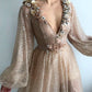 SPARKLE SEQUINS LONG SLEEVESS PROM PARTY GOWNS| CHIC V-NECK FRONT SLIT LONG PROM PARTY GOWN SAS11
