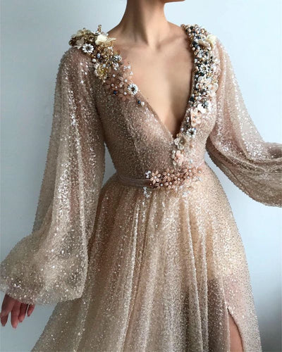 SPARKLE SEQUINS LONG SLEEVESS PROM PARTY GOWNS| CHIC V-NECK FRONT SLIT LONG PROM PARTY GOWN SAS11