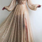 SPARKLE SEQUINS LONG SLEEVESS PROM PARTY GOWNS| CHIC V-NECK FRONT SLIT LONG PROM PARTY GOWN SAS11