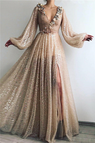 SPARKLE SEQUINS LONG SLEEVESS PROM PARTY GOWNS| CHIC V-NECK FRONT SLIT LONG PROM PARTY GOWN SAS11