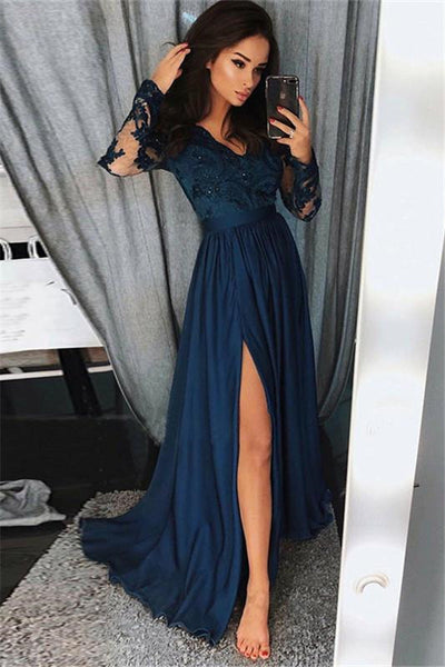 TRENDY LONG SLEEVES LACE BEADS PROM PARTY GOWNS| FRONT SPLIT PROM PARTY GOWNS SAS13