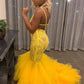 YELLOW MERMAID LACE PUFFY TULLE OPEN BACK LONG PROM PARTY GOWNS SAS19