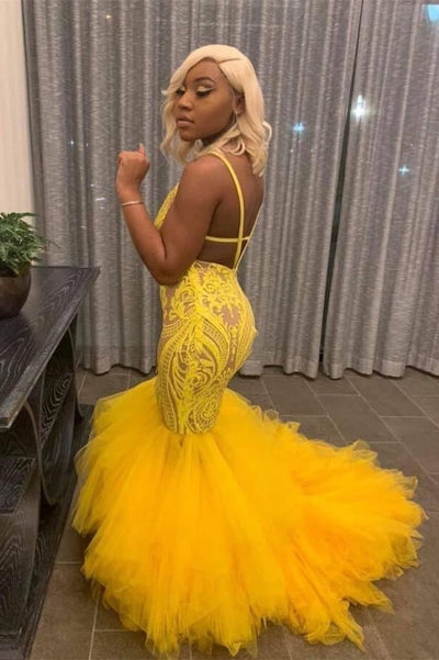 YELLOW MERMAID LACE PUFFY TULLE OPEN BACK LONG PROM PARTY GOWNS SAS19