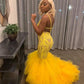 YELLOW MERMAID LACE PUFFY TULLE OPEN BACK LONG PROM PARTY GOWNS SAS19