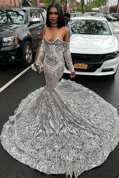 TRENDY LONG SLEEVES SWEETHEART SILVER SEQUINED LUXURIOUS PROM PARTY GOWNS SAS20