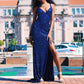 TRENDY ROYAL BLUE SPAGHETTI STRAP V-NECK SEQUINED PROM PARTY GOWNS WITH CHIC HIGH SLIT SAS21