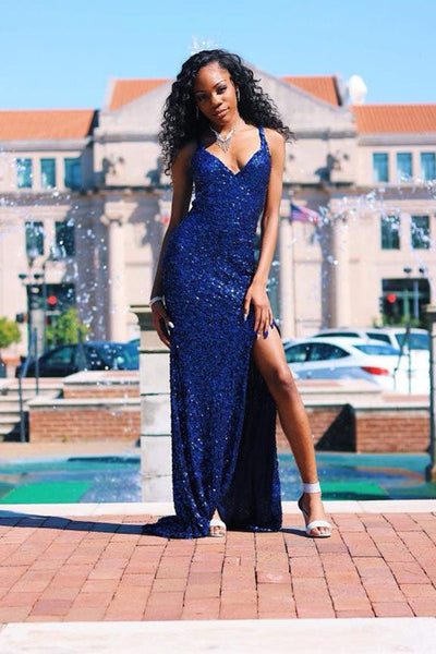 TRENDY ROYAL BLUE SPAGHETTI STRAP V-NECK SEQUINED PROM PARTY GOWNS WITH CHIC HIGH SLIT SAS21