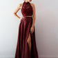 TWO PIECE LACE A-LINE SPLIT FRONT FLOOR-LENGTH HALTER PROM PARTY GOWNS SAS26