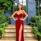 VELVET SWEETHEART FRONT SPLIT EVENING DRESS SLEEVELESS PROM PARTY GOWNS SAS27