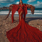SPARKLE RED EXTREME LONG TRAIN CHIC CRISS-CROSS LONG SLEEVESS PROM PARTY GOWNS SAS28