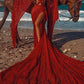 SPARKLE RED EXTREME LONG TRAIN CHIC CRISS-CROSS LONG SLEEVESS PROM PARTY GOWNS SAS28